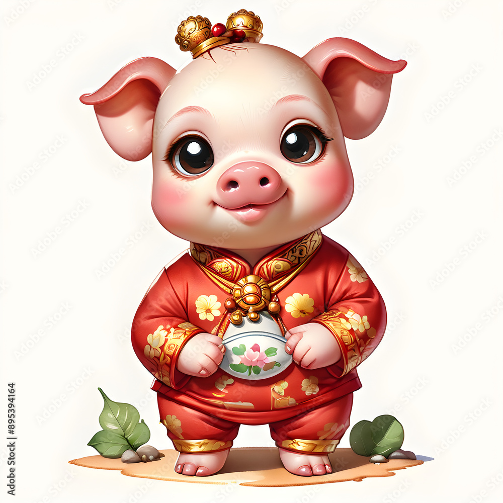 Naklejka premium Watercolor clip art a cute baby clothing pig red gold ornaments. Chinese Zodiac 12 Zodiac Signs on a white isolated background 