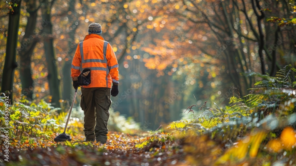 Man in orange jacket walking in a forest during autumn Man in orange jacket walking in a forest during autumn