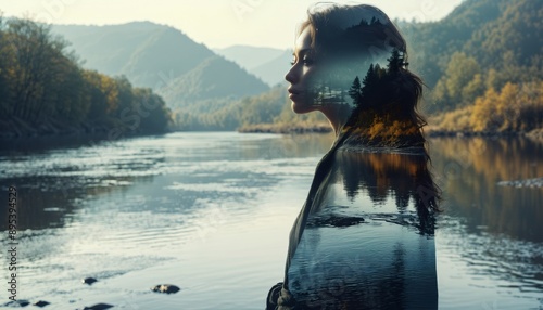 a serene river landscape overlaps with a person s silhouette, the flowing water merges into the figure, creating a harmonious and calm double exposure effect of nature and human