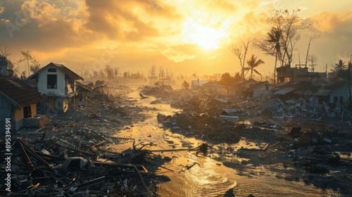 Aftermath of a natural disaster scene with debris and ruined houses