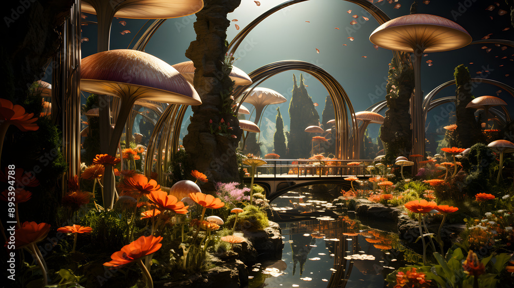 A surreal landscape featuring a forest of giant mushrooms and a reflective pool, with delicate orange flowers blooming among the mossy stones.
