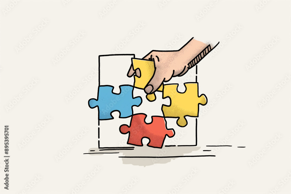 Hand placing final piece of puzzle illustration