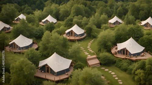 Rustic Glamping Retreat in Lush Forest Landscape with Modern Large Tents and Serene Pathways