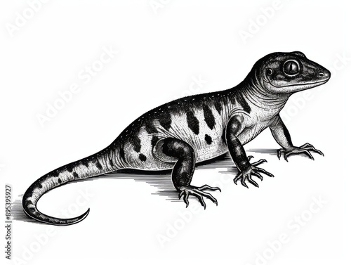 Black and white Vintage engraved art of a salamander isolated on white background, ink sketch illustration, simple vector art design, highly detailed line art, high contrasty