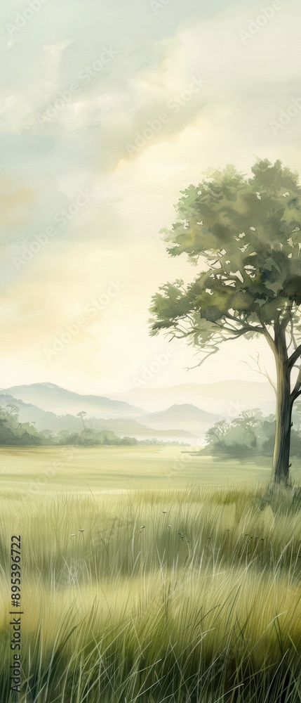 Obraz premium A painting of a field with a tree in the middle