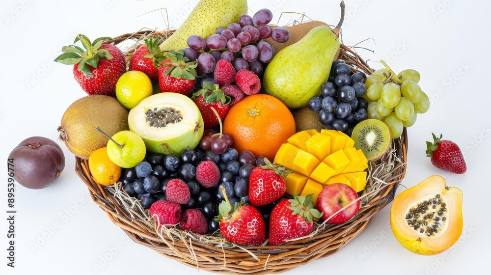 A basket filled with assorted fresh seasonal fruits, seasonal fruit basket, Farm-to-table freshness A basket filled with assorted fresh seasonal fruits, seasonal fruit basket, Farm-to-table freshness