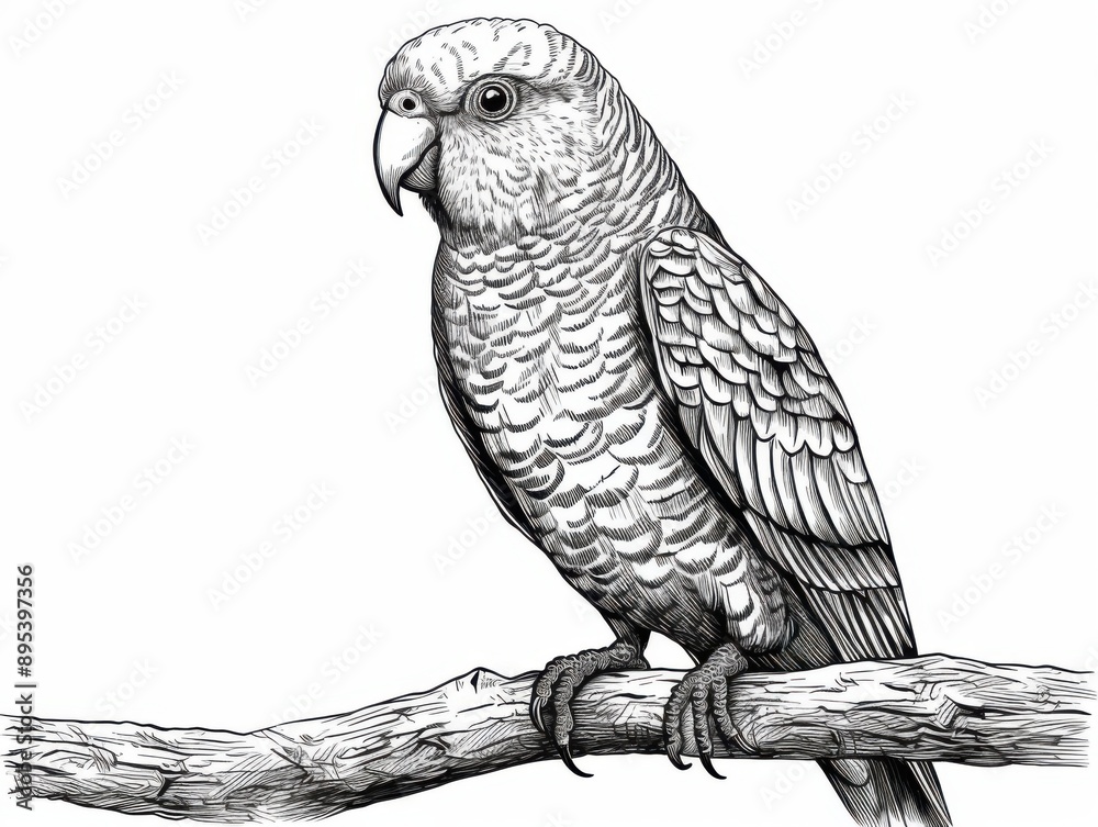 Obraz premium Black and white Vintage engraved art of a lovebird isolated on white background, ink sketch illustration, simple vector art design, highly detailed line art, high contrasty 