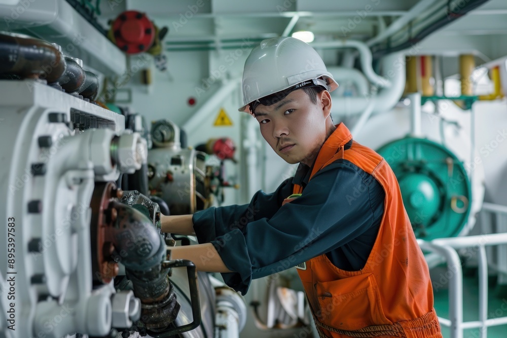 Asian seafarer conducting routine checks on life-saving equipment, Generative AI Asian seafarer conducting routine checks on life-saving equipment, Generative AI