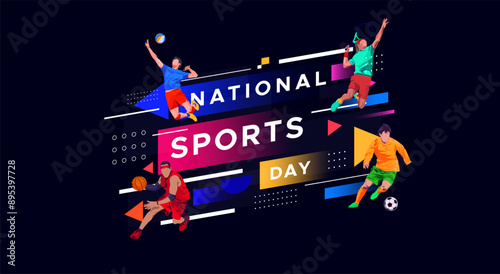 sport background, national sports day celebration concept, with abstract geometric ornament and illustration of sports athlete football player, badminton, basketball, baseball, tennis, volleyball