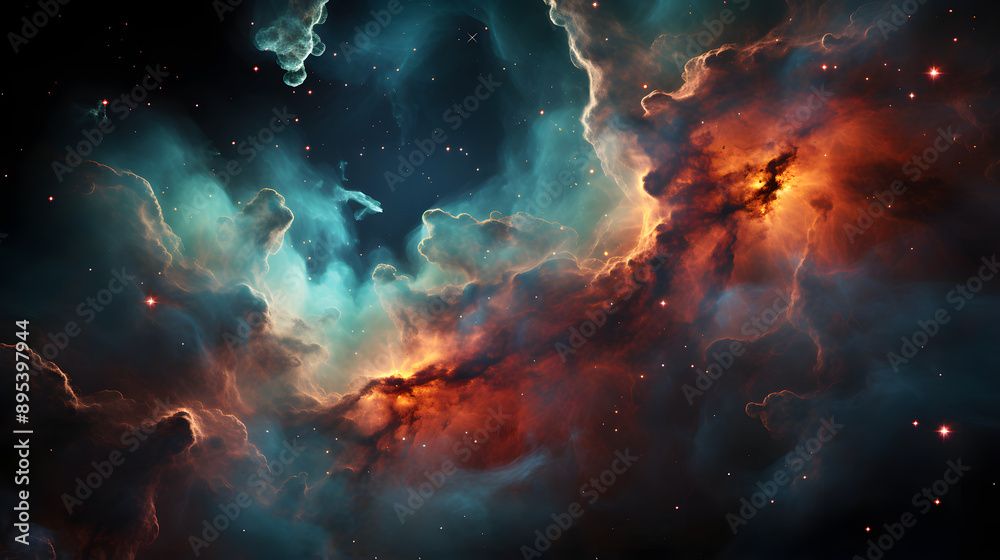 Fototapeta premium A stunning nebula with swirling clouds of gas and dust, illuminated by bright stars. The colors are vibrant and captivating.