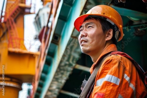 Asian seafarer disembarking from a vessel at port, Generative AI