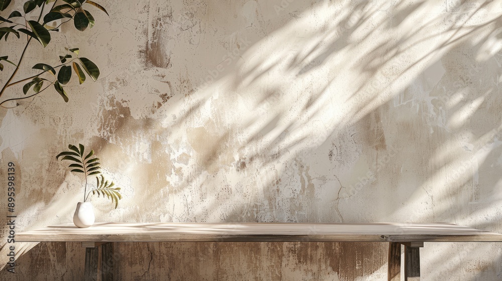 Bare table by textured beige wall with glossy leaves. Bare table by textured beige wall with glossy leaves.