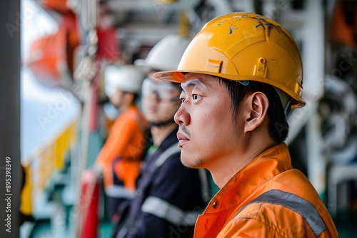 Asian seafarer participating in a safety drill with the crew, Generative AI