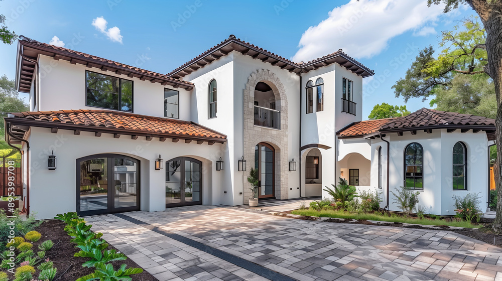 front view of beautiful white and black Spanish style home with dark brown accents, paver driveway, cinematic, Nikon D850 camera front view of beautiful white and black Spanish style home with dark brown accents, paver driveway, cinematic, Nikon D850 camera