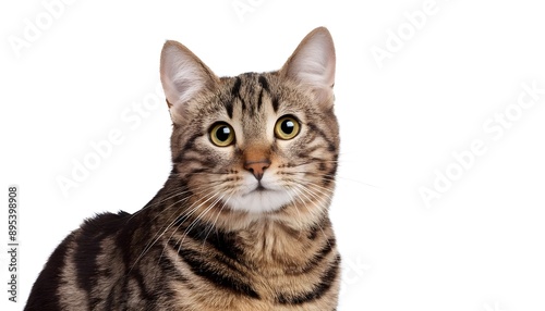 Closeup portrait happy tabby cat sitting isolated on white background. 