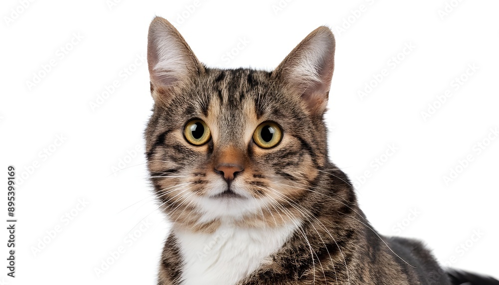 Closeup portrait happy tabby cat sitting isolated on white background. 