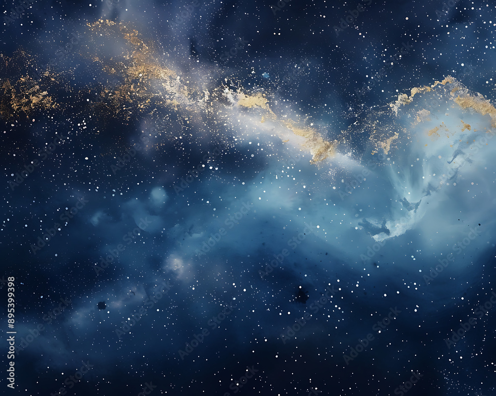 Obraz premium Amazing blue and gold nebula with stars against a white space background in the style of watercolor, hyper realistic --ar 64:51
