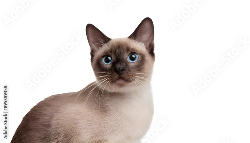 Closeup portrait happy Siames cat sitting isolated on white background. 