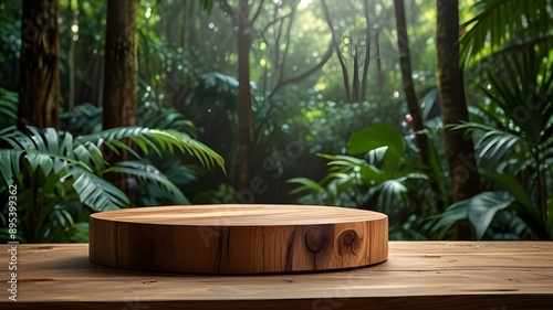 Wood podium table top in outdoors fresh green lush tropical forest nature landscape background.Organic healthy natural product present placement pedestal counter display,spring summer jungle concept G