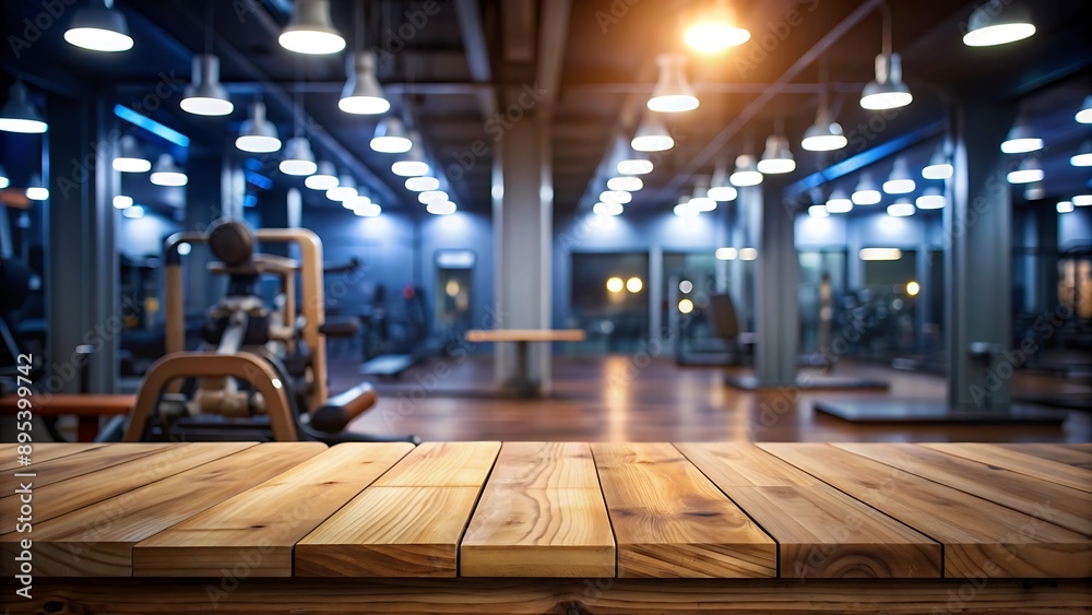 Wooden Table Top with Blurred Gym Background.