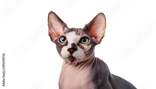 Closeup portrait happy Sphynx cat sitting isolated on white background.  photo