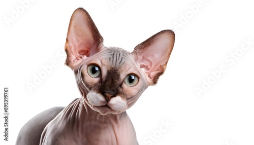 Closeup portrait happy Sphynx cat sitting isolated on white background.  photo