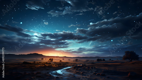 A serene landscape bathed in the glow of twilight, with a river snaking through a field dotted with trees and rocks under a sky full of stars.