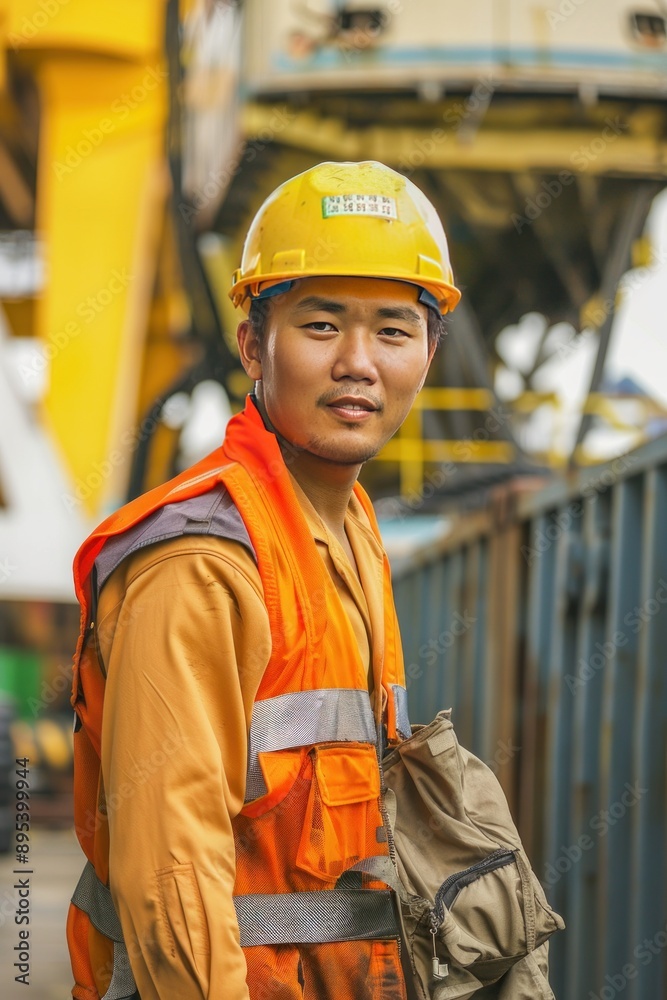 Asian seafarer disembarking from a vessel at port, Generative AI
