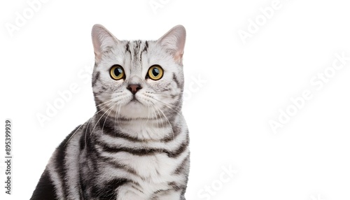 Closeup portrait happy American Shorthair cat sitting isolated on white background. 