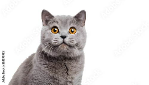 Closeup portrait happy British Shorthair cat sitting isolated on white background. 
