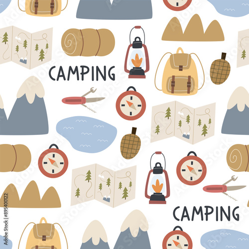 Seamless pattern with camping elements. Colorful vector flat style. hand drawing. design for fabric, print, wrapper, textile