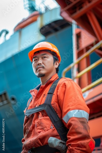 Asian seafarer disembarking from a vessel at port, Generative AI