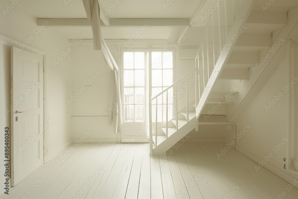 interior of a modern house, white stairs