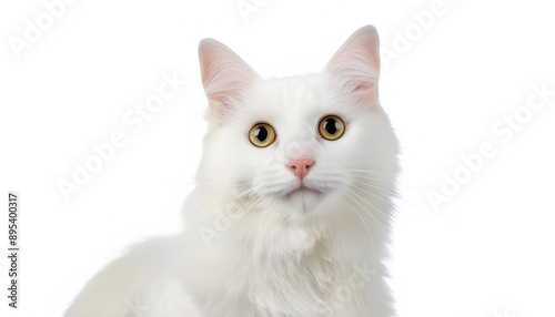 Closeup portrait happy white cat sitting isolated on white background.