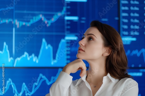 Contemplative Businesswoman Analyzing Digital Charts in Deep Thought
