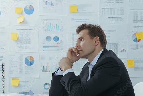 Thoughtful Businessperson Surrounded by Financial Documents in Deep Contemplation