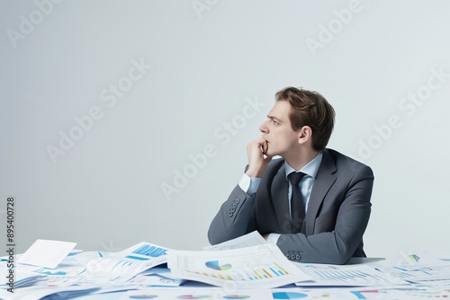 Pensive Businessperson Surrounded by Financial Documents in Thoughtful Contemplation