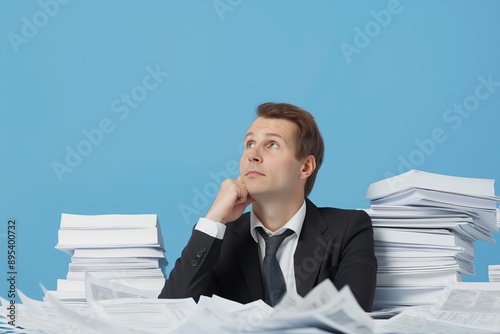 Contemplative Businessperson Surrounded by Financial Documents Engaged in Strategic Thinking