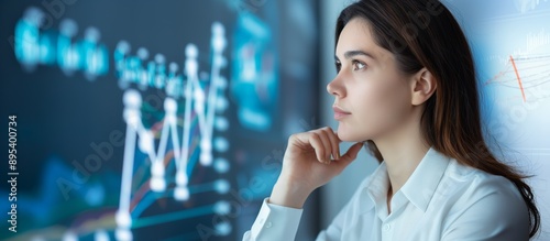 Pensive Businesswoman Analyzing Digital Charts in Side View, Contemplative Business Thinking Concept