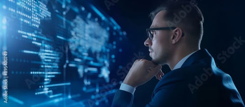 Pensive Businessman in Futuristic Office Setting, Contemplating Business Strategies and Innovation Concepts