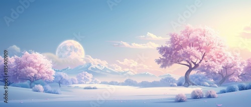 A serene and peaceful landscape with a large tree in the foreground