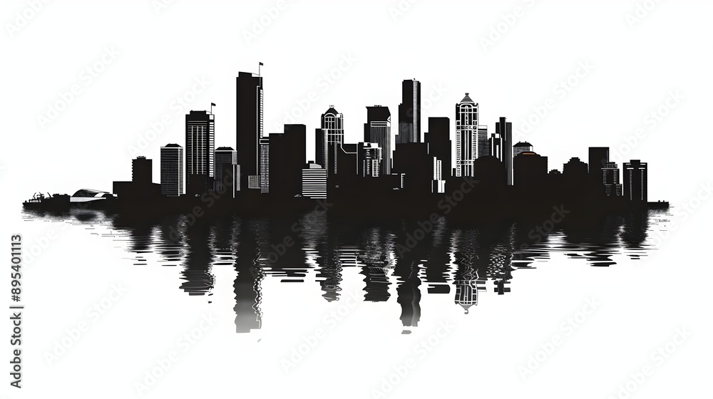 Naklejka premium City skyline silhouette reflected on calm water, tall skyscrapers, varied building shapes, minimalistic black and white, serene water reflection, clear sky, modern urban landscape, waterfront view.