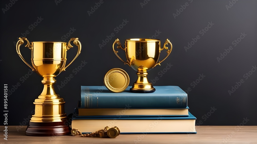 Stack of Books with Golden Cup Trophy and Medal, Academic Excellence: Books, Trophy, and Medal, Golden Trophy and Medal on Stack of Academic Books, Books with Trophy and Medal Representing Academic