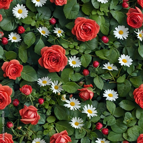 Nature's Beauty: Seamless Pattern with Red Roses and Flowering Plants