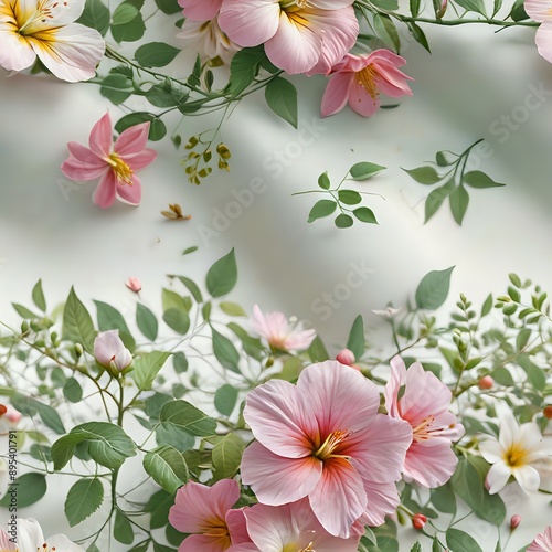 Floral Seamless Pattern: Pink Flowers with Green Leaves and Stems on a White Background