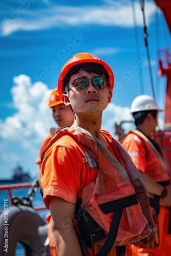 Asian seafarer participating in a safety drill with the crew, Generative AI