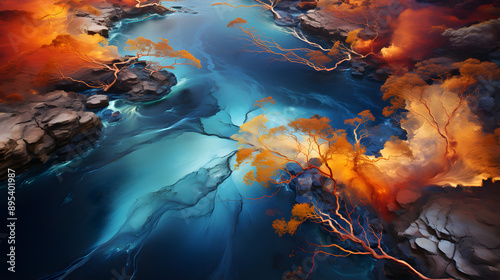 A vibrant, abstract landscape with fiery orange and blue hues, resembling flowing water and rocky terrain. The image evokes a sense of movement and wonder.