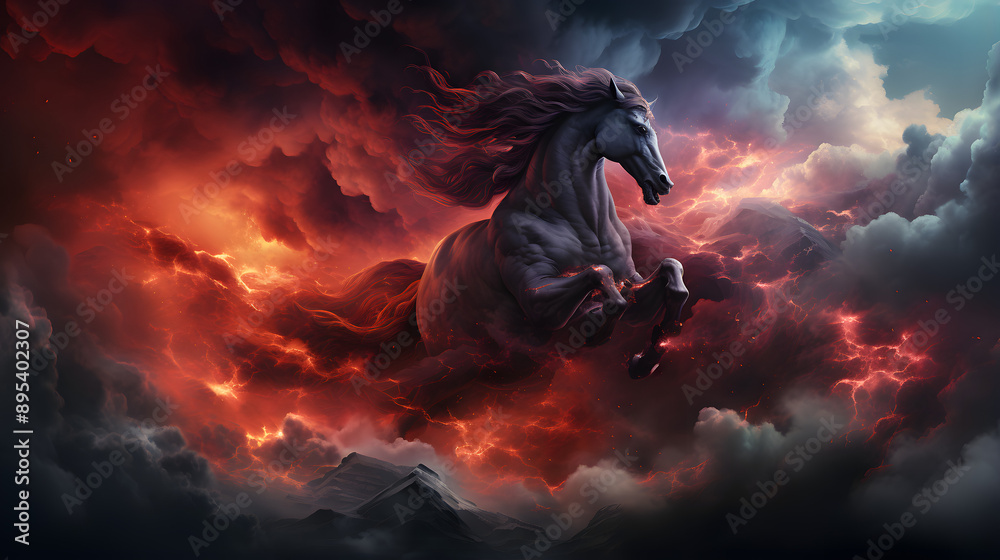 Fototapeta premium A powerful black horse leaps through a stormy sky, its mane and tail flowing in the wind.