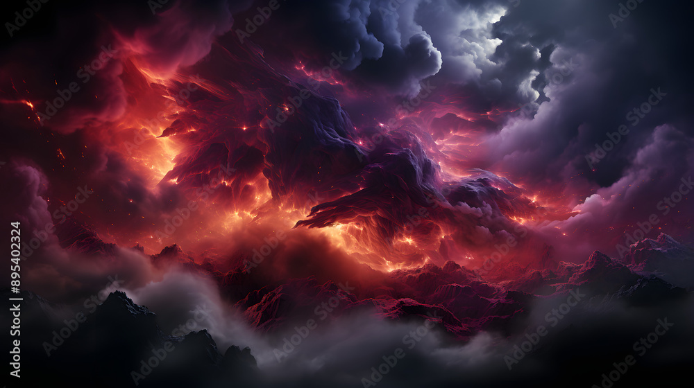 A fiery, otherworldly landscape with glowing mountains and clouds, creating an apocalyptic atmosphere.