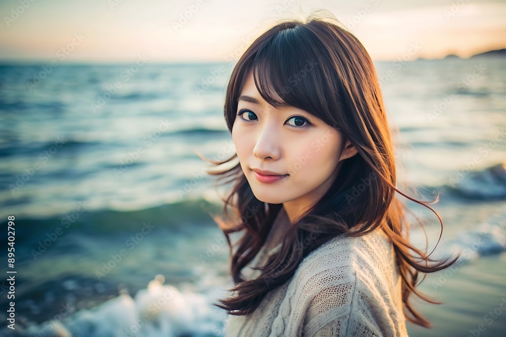Young woman smiling at the beach. Young woman smiling at the beach.